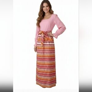 Vintage Peasant Dress Small Pink Orange Yellow Stripe